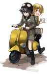  2girls back-to-back bangs belt black_boots black_hair black_shirt blonde_hair boots braid brown_eyes carpaccio closed_eyes dress_shirt full_body girls_und_panzer goggles goggles_on_headwear grey_jacket grey_skirt grin ground_vehicle helmet long_hair long_sleeves looking_at_viewer looking_back military military_uniform miniskirt motor_vehicle multiple_girls one_eye_closed oono_imo open_mouth pencil_skirt pepperoni_(girls_und_panzer) riding scooter shirt short_hair side_braid sitting skirt smile uniform vespa waving white_background 