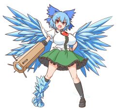  1girl :d arm_cannon black_shoes black_socks blue_bow blue_hair blush bow breasts bright_pupils cape cirno commentary_request commission dot_nose frilled_shirt_collar frilled_skirt frills full_body fusion green_skirt hair_bow highres ice ice_wings kneehighs large_breasts looking_at_viewer mizusoba open_mouth puffy_short_sleeves puffy_sleeves red_eyes reiuji_utsuho shirt shoes short_hair short_sleeves skeb_commission skirt smile socks solo split_mouth standing third_eye_on_chest touhou weapon white_cape white_pupils white_shirt wings 