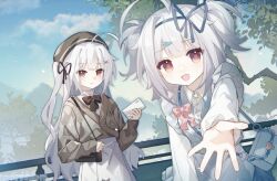  2girls ahoge akira_(ying) bag beret black_bow black_ribbon blue_bow blue_ribbon bow bowtie brown_jacket closed_mouth clouds day dress hair_ornament hair_ribbon hairclip handbag hat highres holding jacket koxia_(memories_of_the_winter_tree) long_hair long_sleeves looking_at_viewer memories_of_the_winter_tree multiple_girls official_art open_mouth outdoors red_eyes ribbon shirt shoulder_bag skirt sky smile tree two_side_up upper_body white_hair white_shirt x_hair_ornament xiaoyi_(memories_of_the_winter_tree) 