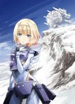  1girl baby_magnum blonde_hair blue_eyes bodysuit eyebrows_visible_through_hair gloves hairband heavy_object highres ice looking_at_viewer milinda_brantini mountain object_(vehicle) official_art open_mouth sailor_collar saitou_sakae short_hair solo standing 
