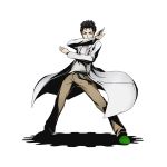  1girl belt black_hair brown_eyes brown_pants divine_gate full_body green_shoes labcoat looking_at_viewer official_art okabe_rintarou pants shoes solo spiky_hair steins;gate transparent_background ucmm 