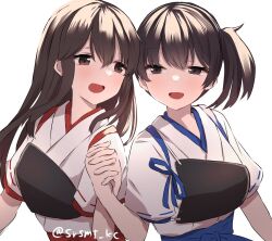  2girls akagi_(kancolle) black_hair blue_hakama brown_eyes commentary_request hakama holding_hands japanese_clothes kaga_(kancolle) kantai_collection kimono long_hair multiple_girls muneate red_hakama shirasumato side_ponytail smile tasuki twitter_username upper_body white_kimono 