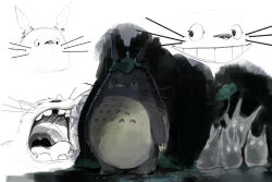  1boy chibi_totoro dated_commentary grey_fur highres holding leaf leaf_on_head leaf_umbrella looking_up open_mouth rain sketch smile standing studio_ghibli tonari_no_totoro totoro totoro_bus_stop whiskers winpuss 