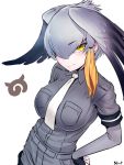  1girl :&gt; bangs belt bird blush bodystocking bodysuit breast_pocket breasts collar collared_shirt ears eyebrows_visible_through_hair fingerless_gloves gloves grey_hair grey_legwear grey_shirt hand_on_hip head_wings kemono_friends long_hair looking_at_viewer low_ponytail multicolored_hair necktie pocket shirt shoebill shoebill_(kemono_friends) simple_background smile soropippub white_background yellow_eyes 