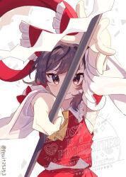  1girl ascot bow brown_eyes brown_hair closed_mouth commentary_request detached_sleeves frilled_bow frilled_hair_tubes frills gohei hair_bow hair_tubes hakurei_reimu highres holding holding_gohei kudamono25253 long_hair looking_at_viewer red_bow red_skirt reimu_day skirt skirt_set smile solo touhou twitter_username watermark yellow_ascot 