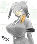  1girl :| ahoge bangs belt bird_wings black_hair bodystocking breasts closed_mouth collared_shirt erect_nipples eyebrows_visible_through_hair eyelashes feathered_wings green_eyes grey_belt grey_shirt grey_shorts hair_between_eyes head_wings henriiku_(ahemaru) highres kemono_friends large_breasts long_hair low_ponytail motion_lines necktie orange_hair see-through shirt shoebill_(kemono_friends) short_sleeves shorts side_ponytail silver_hair solo standing white_necktie wings 