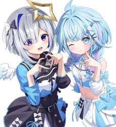  2girls :d ahoge amane_kanata black_skirt blue_eyes blue_hair blush bow colored_inner_hair detached_sleeves feathered_wings finger_to_cheek flat_chest four-finger_heart_hands grey_hair hair_bow hair_ornament halo hashtag-only_commentary heart heart_hands hololive hololive_dev_is hololive_idol_uniform_(color_rise) kag_tsukimi long_sleeves looking_at_viewer mizumiya_su multicolored_hair multiple_girls navel one_eye_closed pink_hair short_hair simple_background skirt smile star_halo stomach streaked_hair violet_eyes virtual_youtuber white_background white_skirt wings x_hair_ornament 