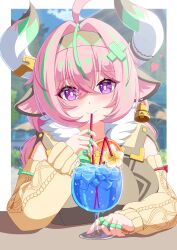  1girl absurdres ahoge animal_ears breasts bright_pupils cow_ears cow_horns cup detached_sleeves drinking_glass drinking_straw fingernails fuyunash1 genshin_impact hairband heart highres horns ice ice_cube large_breasts long_hair multicolored_hair pink_hair streaked_hair varesa_(genshin_impact) violet_eyes white_pupils 
