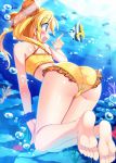  1girl :d air_bubble angelfish ass barefoot bent_over bikini blonde_hair blush bubble bucchake_(asami) double_bun feet fish foreshortening freediving from_behind hand_on_own_knee hide_yoshino index_finger_raised legs light_rays long_hair open_mouth profile scrunchie sengoku_otome sideways_mouth smile soles solo sunbeam sunlight swimsuit tankini toes twintails underwater very_long_hair violet_eyes wrist_scrunchie yellow_bikini 