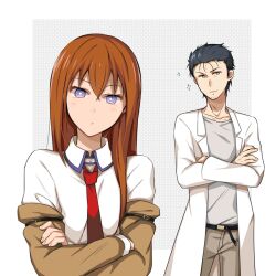  1boy 1girl adam&#039;s_apple arm_belt beard_stubble belt black_belt black_hair breast_pocket breasts brown_hair brown_jacket brown_pants coat collarbone collared_shirt crossed_arms facial_hair grey_eyes grey_shirt hair_between_eyes hair_over_shoulder head_tilt jacket jacket_partially_removed lab_coat lapels leather_belt light_blush long_sleeves makise_kurisu messy_hair namari necktie notched_lapels object_in_pocket okabe_rintarou pants pen_in_pocket pocket purple_trim red_necktie science_adventure shirt shirt_partially_tucked_in small_breasts steins;gate stubble t-shirt violet_eyes white_coat white_shirt 