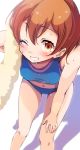  1girl ;d arm_up bare_arms bare_legs bare_shoulders bent_over blurry blush breasts buruma close-up depth_of_field drying_hair eyebrows_visible_through_hair grin hair_between_eyes highres hoshizora_rin love_live! love_live!_school_idol_project medium_breasts navel one_eye_closed open_mouth orange_hair sen_(sen0910) shadow short_hair smile solo sports_bra sportswear standing stomach sweat tareme teeth towel yellow_eyes 
