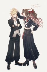  1boy 1girl aerith_gainsborough aerith_gainsborough_(midgard_seventh_high_school) aqua_eyes bandaid bandaid_on_cheek bandaid_on_face belt black_belt black_choker black_jacket black_mask black_pants black_sailor_collar black_shirt black_shoes black_skirt black_socks blonde_hair blush breasts brown_hair choker cloud_strife cloud_strife_(midgard_seventh_high_school) colored_tips crop_top crossed_arms delinquent face_piercing final_fantasy final_fantasy_vii final_fantasy_vii_ever_crisis floral_print flower full_body furrowed_brow gakuran gold_buttons hair_between_eyes hair_flower hair_ornament hair_ribbon hand_in_another&#039;s_hair hand_on_another&#039;s_head hand_on_own_hip heart heart_choker highres jacket kieta long_hair long_skirt mary_janes mask mask_around_neck medium_breasts midriff mouth_mask multicolored_hair neckerchief official_alternate_costume pants parted_bangs piercing pleated_skirt ponytail red_hair red_ribbon ribbon sailor_collar school_uniform shirt shoes short_hair sidelocks skirt socks spiky_hair sukeban sweatdrop wavy_mouth white_background white_flower white_neckerchief white_shirt 