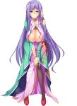  1girl absurdres blue_eyes blush breasts cleavage_cutout erect_nipples full_body hand_on_own_knee hands_together highres huge_breasts hunched_over koihime_musou kouchuu long_hair long_sleeves official_art purple_hair smile solo v_arms very_long_hair yatsuha_kanan 