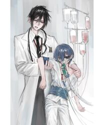  2boys 555st_1 alternate_costume bishounen black_hair blue_hair breathing_tube ciel_phantomhive doctor eyepatch hair_between_eyes hospital intravenous_drip kuroshitsuji male_focus mask medical_eyepatch mouth_mask multiple_boys sebastian_michaelis shirt short_hair 