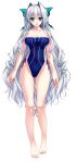  1girl amasaka_takashi aqua_eyes bare_shoulders barefoot bow breasts cleavage feet frills full_body hair_ornament highres large_breasts long_hair looking_at_viewer one-piece_swimsuit open_mouth silver_hair smile solo strapless strapless_swimsuit swimsuit tiana_havel_netherlands toes transparent_background unionism_quartet very_long_hair 