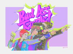  3boys ace_attorney black_hair black_jacket blonde_hair border brown_hair character_request copyright_request earrings hair_over_one_eye highres jacket jewelry male_focus multicolored_hair multiple_boys objection purple_background red_hair short_hair simple_background speech_bubble streaked_hair tkkk_94 two-tone_hair upper_body white_border yellow_eyes 