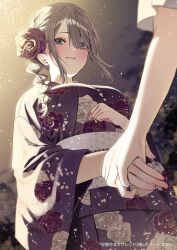  2girls asa_no_ha_(pattern) blue_eyes braid chigusa_minori closed_mouth commentary_request cover cover_page flower grey_hair hair_flower hair_ornament hamanasu_ruka highres holding_hands japanese_clothes kimono koutsugou_semi-friend kuruma_suuna long_hair manga_cover multiple_girls obi official_art purple_flower purple_kimono sash sidelocks textless_version 