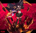  background belt belt_buckle belt_pouch bikini_top black_hair blue_fire breasts buckle company_name dark_persona fire flaming_sword glowing glowing_sword glowing_weapon greaves hair_blowing katana large_breasts long_coat masamune_(phantom_of_the_kill) midriff miniskirt official_art pauldrons phantom_of_the_kill pouch purple_legwear rock skirt stone sword tattoo thigh-highs violet_eyes weapon 