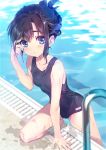  1girl black_hair blue_eyes breasts covered_navel folded_ponytail long_hair looking_at_viewer original oswald_musashi pool pool_ladder poolside school_swimsuit small_breasts solo swimsuit water wet 