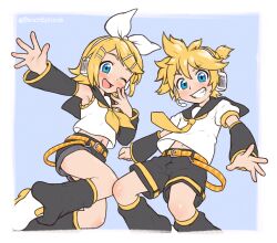  1boy 1girl artist_name beachepisode black_shorts blonde_hair blue_eyes blush brother_and_sister detached_sleeves hair_ornament hairband hairclip headset highres kagamine_len kagamine_rin long_sleeves looking_at_viewer navel neckerchief necktie one_eye_closed open_mouth shoes short_hair short_shorts shorts siblings smile swept_bangs teeth vocaloid white_hairband white_shoes yellow_neckerchief yellow_necktie 