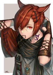 1boy absurdres animal_ears border brown_gloves brown_hair cam_(cammero95713700) cat_boy cat_ears clothing_cutout commentary_request elbow_gloves facial_mark final_fantasy final_fantasy_xiv fingerless_gloves g&#039;raha_tia glove_cutout gloves grey_shirt hair_ornament hair_tie_in_mouth highres jewelry looking_at_viewer male_focus medium_hair miqo&#039;te mouth_hold neck_tattoo necklace red_eyes scarf shirt short_sleeves slit_pupils solo tattoo tying_hair white_border 