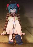 1girl aqua_hair arms_at_sides bare_legs blush feet full_body geta hair_between_eyes indoors kemono_friends kuroda_akimi long_sleeves neck_ribbon panties pantyshot pantyshot_(sitting) pink_ribbon ribbon short_hair sitting snake_tail solo striped_hoodie striped_tail tail tsuchinoko_(kemono_friends) twitter_username underwear white_panties