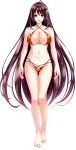  1girl amasaka_takashi bare_shoulders barefoot bikini breasts brown_hair cleavage flower full_body hair_flower hair_ornament highres katanajou_minamo large_breasts long_hair looking_at_viewer navel open_mouth smile solo swimsuit transparent_background unionism_quartet very_long_hair 