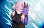  arm_behind_back artist_request bare_shoulders breasts elbow_gloves fate/grand_order fate_(series) gloves hair_over_one_eye hand_up medium_breasts purple_hair shielder_(fate/grand_order) smile type-moon violet_eyes water 