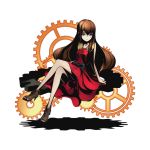  1girl blue_eyes brown_hair collarbone divine_gate dress full_body high_heels jewelry legs_crossed long_hair looking_at_viewer makise_kurisu necklace official_art red_dress sitting sleeveless sleeveless_dress solo steins;gate transparent_background ucmm very_long_hair 