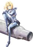 1girl blonde_hair blue_eyes bodysuit cannon eyebrows_visible_through_hair gloves hairband heavy_object highres juice_box looking_at_viewer machinery milinda_brantini official_art sailor_collar saitou_sakae short_hair simple_background solo white_background 