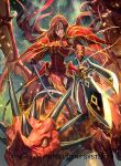  1girl altenna_(fire_emblem) armor boots cape company_name dragon fingerless_gloves fire_emblem fire_emblem:_seisen_no_keifu fire_emblem_cipher gloves headband long_hair official_art open_mouth orange_eyes polearm rain solo spear teeth very_long_hair weapon wings yellow_eyes 