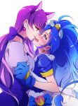  2girls animal_ears blue_eyes blue_gloves blue_hair blush cat_ears choker couple cure_gelato cure_macaron dress earrings elbow_gloves embarrassed eye_contact fang gloves hug incipient_kiss jewelry kirakira_precure_a_la_mode kiss kotozume_yukari lion_ears long_hair looking_at_another magical_girl multiple_girls neck negom open_mouth precure puffy_short_sleeves puffy_sleeves purple_choker purple_hair short_sleeves shy simple_background smile surprised sweat tategami_aoi violet_eyes white_background white_gloves yuri 