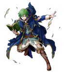  1boy belt book boots fire_emblem fire_emblem:_mystery_of_the_emblem fire_emblem_heroes full_body green_eyes green_hair highres hood injury male_focus marich official_art solo teeth torn_clothes transparent_background 