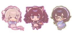  3girls :d animal_ears apron black-framed_eyewear black_jacket blue_jacket blush braid brown_hair cat_ears cat_girl cat_tail chibi chibi_only fang food full_body glasses green_eyes green_outline grey_hair hair_ornament hairclip hanakuma_chifuyu hashtag-only_commentary heart highres holding holding_plate jacket jersey_maid koharu_rikka looking_at_viewer maid milkshake multiple_girls natsuki_karin omelet omurice open_mouth outline pink_outline plate purple_outline qixinnn smile socks spill synthesizer_v tail track_jacket twintails unconventional_maid violet_eyes white_apron white_background white_socks x_hair_ornament 