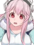  1girl breasts headphones higa_se large_breasts long_hair looking_at_viewer nitroplus open_mouth pink_hair red_eyes simple_background solo super_sonico upper_body white_background 
