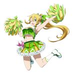  1girl arms_up blonde_hair braid cheerleader front_braid full_body green_eyes high_ponytail highres long_hair midriff navel official_art one_eye_closed pointy_ears pom_poms shoes simple_background skirt sleeveless sneakers socks solo twin_braids white_background 