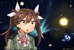  1girl :o bow bowtie brown_hair collared_shirt glowing green_jacket hair_between_eyes hair_ribbon jacket kantai_collection meme open_mouth red_bow red_bowtie ribbon rimukoro shirt solo space tone_(kantai_collection) triangle_mouth twitter_username upper_body white_ribbon white_shirt yellow_eyes 