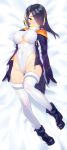  1girl ankle_boots arms_at_sides bed_sheet black_boots black_gloves black_hair boots breasts closed_mouth covered_navel dress emperor_penguin_(kemono_friends) erect_nipples full_body gloves gluteal_fold groin hair_over_one_eye headphones highleg highleg_leotard hood hood_down hoodie kemono_friends large_breasts leotard long_hair looking_at_viewer lying mckeee multicolored_hair on_back on_bed open_clothes open_hoodie orange_hair ribbed_dress ribbed_leotard skin_tight solo streaked_hair thigh-highs thigh_gap turtleneck two-tone_hair under_boob underboob_cutout violet_eyes white_legwear white_leotard yellow_eyes 