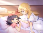  2girls ;o bangs bed bed_sheet bedroom black_hair blonde_hair blue_eyes blue_ribbon blunt_bangs blush bow box_of_chocolates braid chocolate eye_contact eyebrows_visible_through_hair feeding female_protagonist_(pokemon_sm) hair_bow hair_ribbon half-closed_eyes indoors light_rays lillie_(pokemon) long_hair looking_at_another lying multiple_girls one_eye_closed open_mouth pajamas pillow pokemon pokemon_(game) pokemon_sm polka_dot_pajamas red_ribbon ribbon ringo_(nanaprin) short_hair short_sleeves sitting smile tissue_box valentine yuri 
