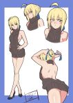 1girl 2017 adjusting_hair ahoge arms_behind_head arms_up artoria_pendragon_(all) artoria_pendragon_(fate) ass back backless_outfit bangs bare_back bare_shoulders black_dress black_shoes black_sweater blonde_hair blue_ribbon blush blush_stickers braid breasts closed_mouth dated dress eyebrows_visible_through_hair fate/stay_night fate_(series) french_braid from_behind full_body green_eyes hair_bun hair_ribbon halterneck hands_in_hair hands_on_hips high_heels highres legs_crossed legs_together lolik looking_at_viewer meme_attire naked_sweater no_bra no_panties no_underwear open-back_dress ribbed_dress ribbed_sweater ribbon saber shoes short_hair sideboob sidelocks signature sleeveless sleeveless_turtleneck small_breasts smile solo standing sweater sweater_dress turtleneck turtleneck_sweater tying_hair virgin_killer_sweater watson_cross