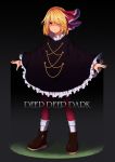  1girl alternate_costume blonde_hair dark english expressionless frills hair_ribbon highres outstretched_arms poncho red_eyes ribbon rumia short_hair spread_arms takeka_fungi touhou 