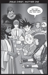  2girls 6+boys aang alcohol avatar:_the_last_airbender avatar_legends beard breasts death_note death_note_(object) dragon_ball dragon_ball_z facial_hair fingerless_gloves ghost_in_the_shell gloves highres jesus josh_luna katana kusanagi_motoko mach_go_go_go mifune_gou multiple_boys multiple_girls ryuk shinigami son_goku sword the_bible water weapon wine yagami_light 