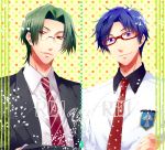  2boys blue_eyes blue_hair character_name formal free! green_hair looking_at_viewer love_stage!! multiple_boys necktie red_eyes red_necktie ryuugazaki_rei sagara_rei smile suit upper_body yuuki_sara 