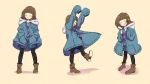  ^_^ androgynous ankle_boots arms_up bangs beige_background black_legwear blue_jacket blue_shorts blunt_bangs blush bob_cut boots borrowed_garments brown_boots brown_hair closed_eyes dancing drawstring frisk_(undertale) full_body grin hands_in_pockets hands_in_sleeves happy hood hood_down hooded_jacket jacket leg_up legs_apart long_sleeves multiple_views open_clothes open_jacket oversized_clothes pantyhose_under_shorts pigeon-toed pocket shintani_(niiya) shirt shoe_soles shorts simple_background sleeves_past_wrists smile striped striped_shirt undertale 