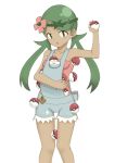  &gt;:o 1girl :o bare_arms bare_legs bare_shoulders between_legs breasts cleavage collarbone cowboy_shot dark_skin flower green_eyes green_hair hair_flower hair_ornament headband holding holding_poke_ball long_hair looking_away looking_to_the_side mallow_(pokemon) no_bra overalls pink_shirt poke_ball pokemon pokemon_(game) pokemon_sm pouch shirt shorts simple_background small_breasts solo standing strapless suspenders toshishikisai trial_captain twintails undershirt white_background 