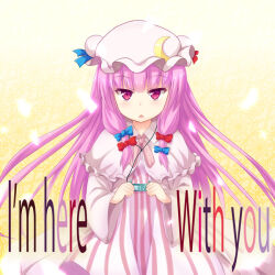 1girl 2012 album_cover album_name artist_request blue_bow bow clothing_request collar crescent crescent_hat_ornament dress embodiment_of_scarlet_devil english english_text frills hat holding holding_object ipod long_hair lowres open_mouth pale_skin patchouli_knowledge pink_eyes purple_hair red_bow simple_background solo striped_clothes striped_dress text touhou yellow_background