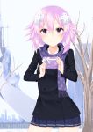  1girl casual choujigen_game_neptune d-pad female gift hair_ornament hair_ribbon highres holding neptune_(choujigen_game_neptune) neptune_(series) outdoors pink_hair purple_hair ribbon scarf short_hair skirt smile snow snowing solo tree violet_eyes winter 