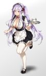  1girl apron breasts cleavage frills full_body gradient gradient_background hair_ribbon highres horns houtengeki lace lace-trimmed_skirt large_breasts leg_up long_hair maid_headdress mary_janes original pointy_ears purple_hair ribbon shoes sidelocks simple_background skirt smile solo standing standing_on_one_leg thigh-highs tray twintails underbust very_long_hair violet_eyes waist_apron white_legwear wrist_cuffs 