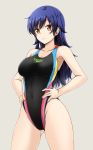  1girl armpits bare_shoulders black_swimsuit blue_hair breasts brown_eyes commentary_request competition_swimsuit covered_navel fuuma_nagi gluteal_fold grey_background hands_on_hips highleg highleg_swimsuit large_breasts long_hair looking_at_viewer one-piece_swimsuit original smile solo speedo_(company) swimsuit wavy_hair 