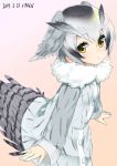  1girl black_hair buttons dated dress fur_collar gradient gradient_background gradient_hair grey_dress head_wings kemono_friends long_sleeves mokyutan multicolored_hair northern_white-faced_owl_(kemono_friends) pantyhose short_hair solo tail_feathers upper_body white_hair white_legwear yellow_eyes 